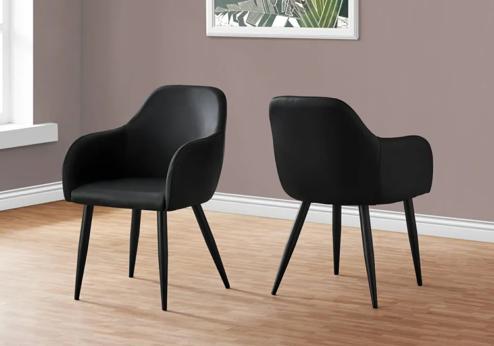 Dining Chair, Set Of 2, Side, Upholstered, Kitchen, Dining Room, Black Leather Look, Black Metal, Contemporary, Modern