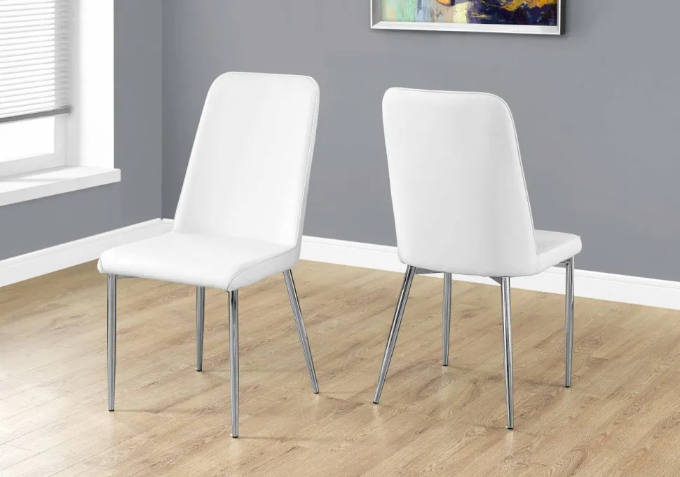 Dining Chair, Set Of 2, Side, Upholstered, Kitchen, Dining Room, White Leather Look, Chrome Metal, Contemporary, Modern