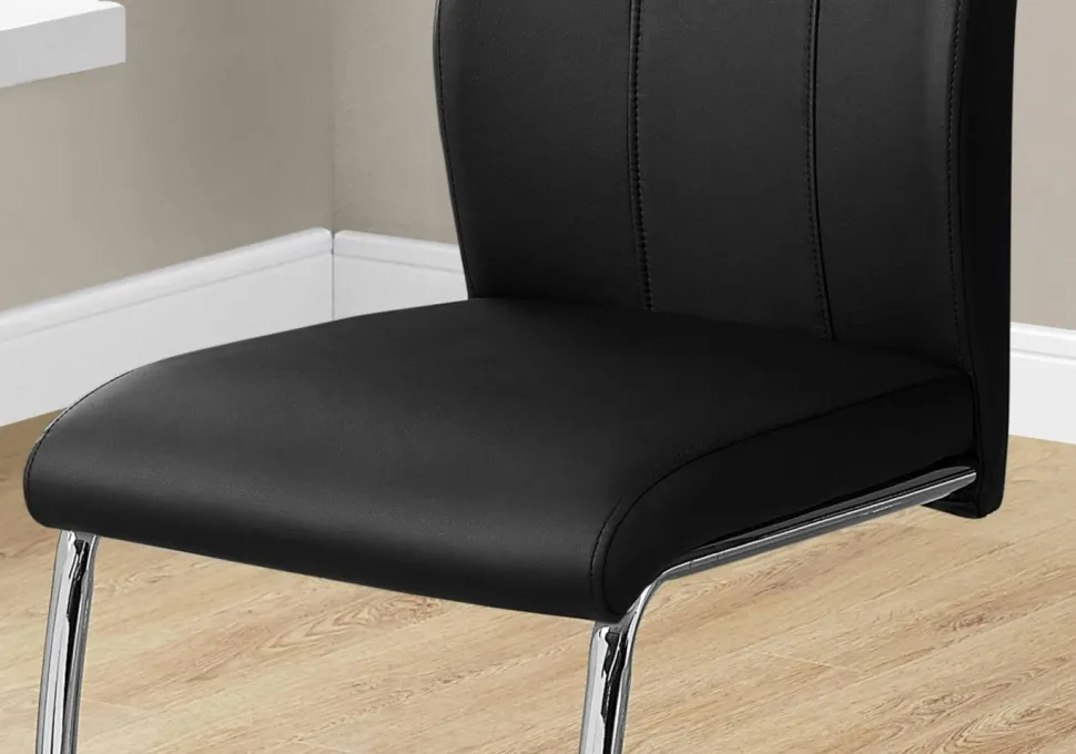 Dining Chair, Set Of 2, Side, Upholstered, Kitchen, Dining Room, Black Leather Look, Chrome Metal, Contemporary, Modern