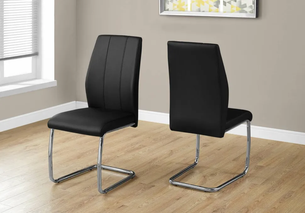 Dining Chair, Set Of 2, Side, Upholstered, Kitchen, Dining Room, Black Leather Look, Chrome Metal, Contemporary, Modern