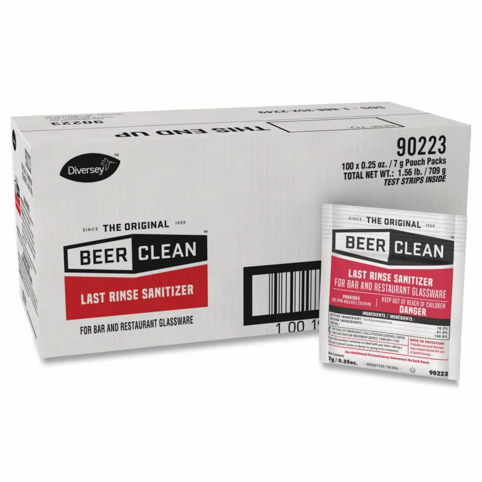 Diversey Beer Clean Last Rinse Glass Sanitizer, Unscented, Powder, 0.25 oz Pack, 100/Carton