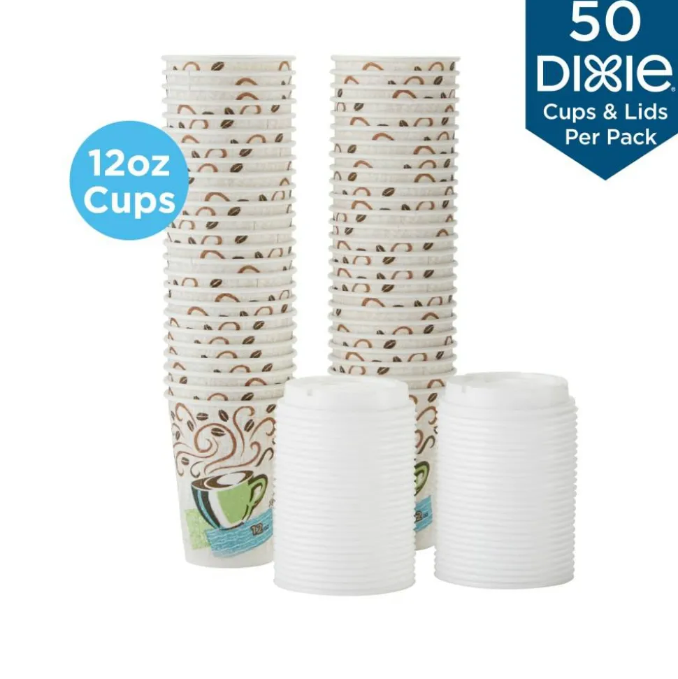 Dixie PerfecTouch Hot Cups And Lids, 12 Oz, Multicolor, Pack Of 50 Cups And Lids