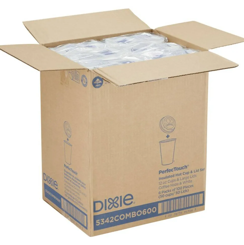 Dixie PerfecTouch Hot Cups And Lids, 12 Oz, Multicolor, Pack Of 50 Cups And Lids