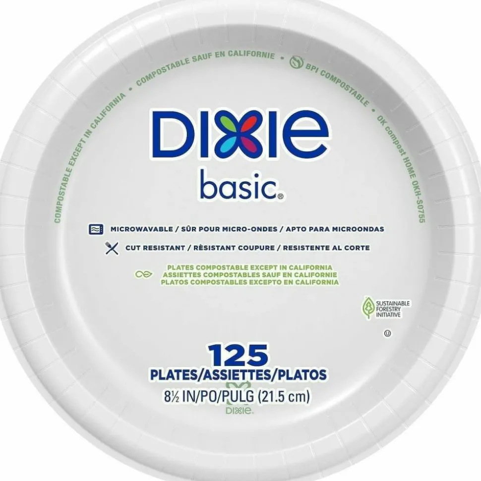 Dixie Basic 8-1/2" Lightweight Paper Plates by GP Pro - Microwave Safe - 8.5" Diameter - White - Paper Body - 125 / Pack
