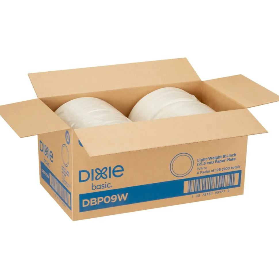 Dixie Basic Light-Weight Paper Plates, 8 1/2", White, 500 Count (125 Plates Per Pack, 4 Packs Per Case)