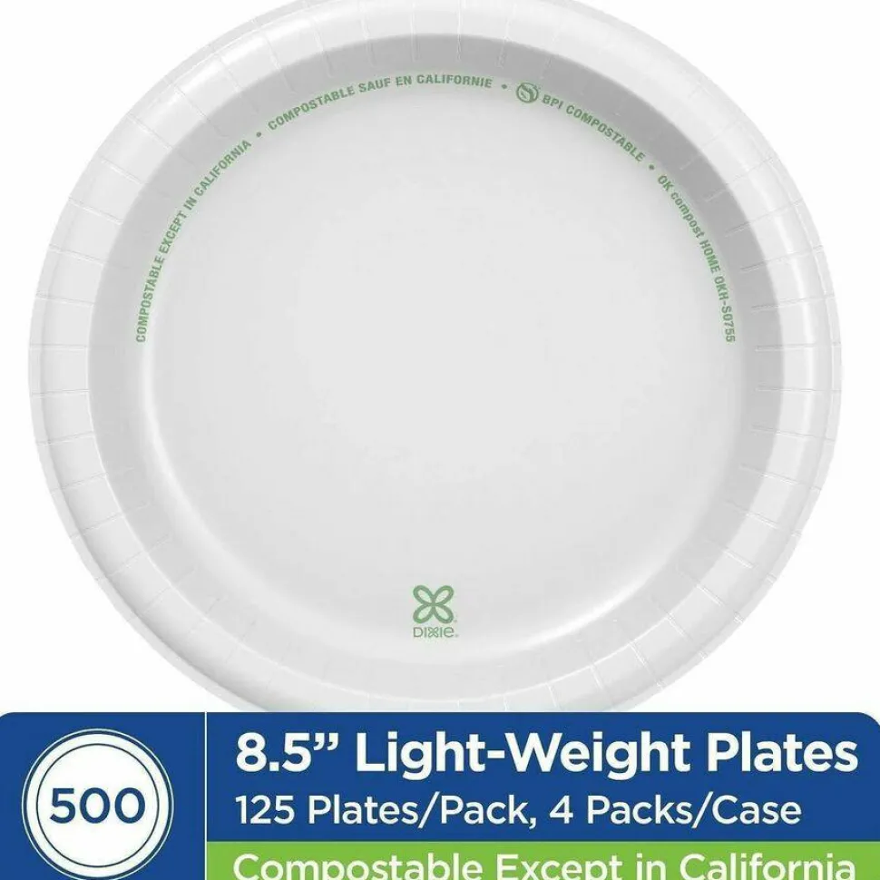 Dixie Basic Light-Weight Paper Plates, 8 1/2", White, 500 Count (125 Plates Per Pack, 4 Packs Per Case)