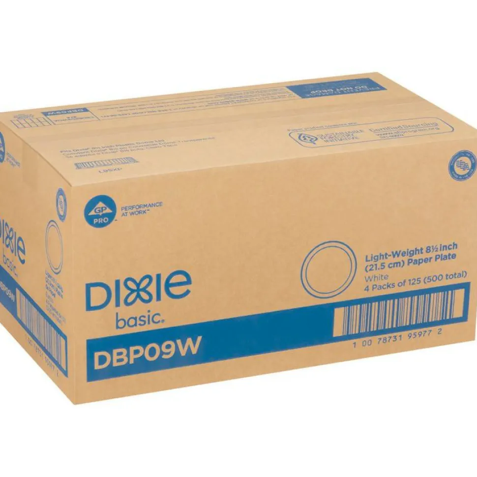 Dixie Basic Light-Weight Paper Plates, 8 1/2", White, 500 Count (125 Plates Per Pack, 4 Packs Per Case)