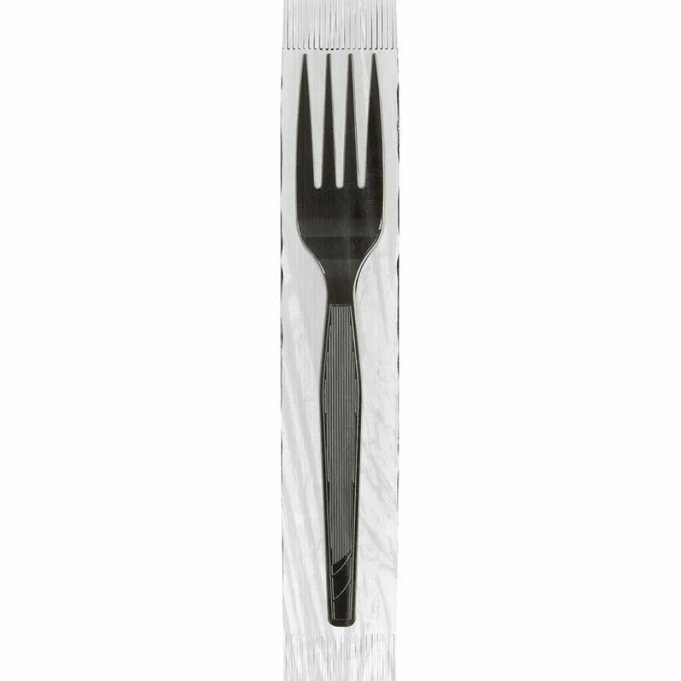 Dixie Grab'N Go Wrapped Cutlery, Fork, Plastic, Black, 90/Box, 6 Boxes/Carton