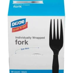 Dixie Grab'N Go Wrapped Cutlery, Fork, Plastic, Black, 90/Box, 6 Boxes/Carton