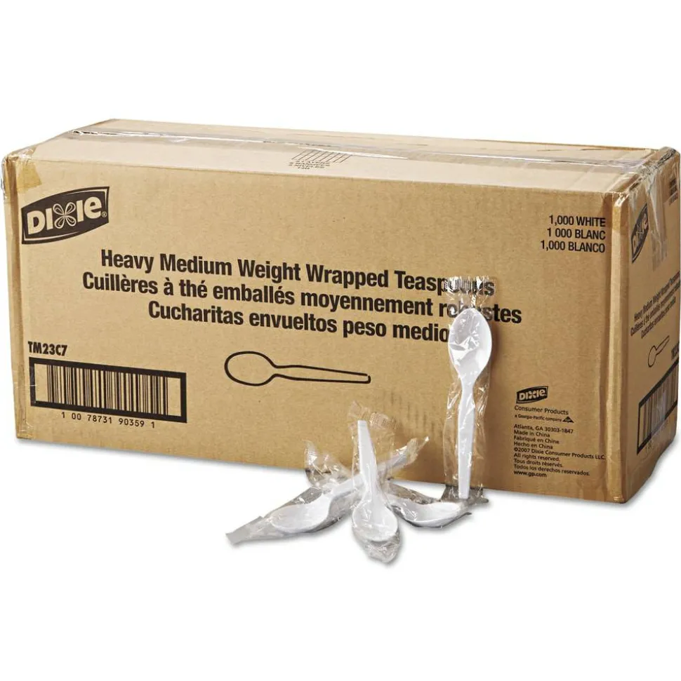 Dixie Individually Wrapped Polystyrene Teaspoons, White, Pack Of 1,000