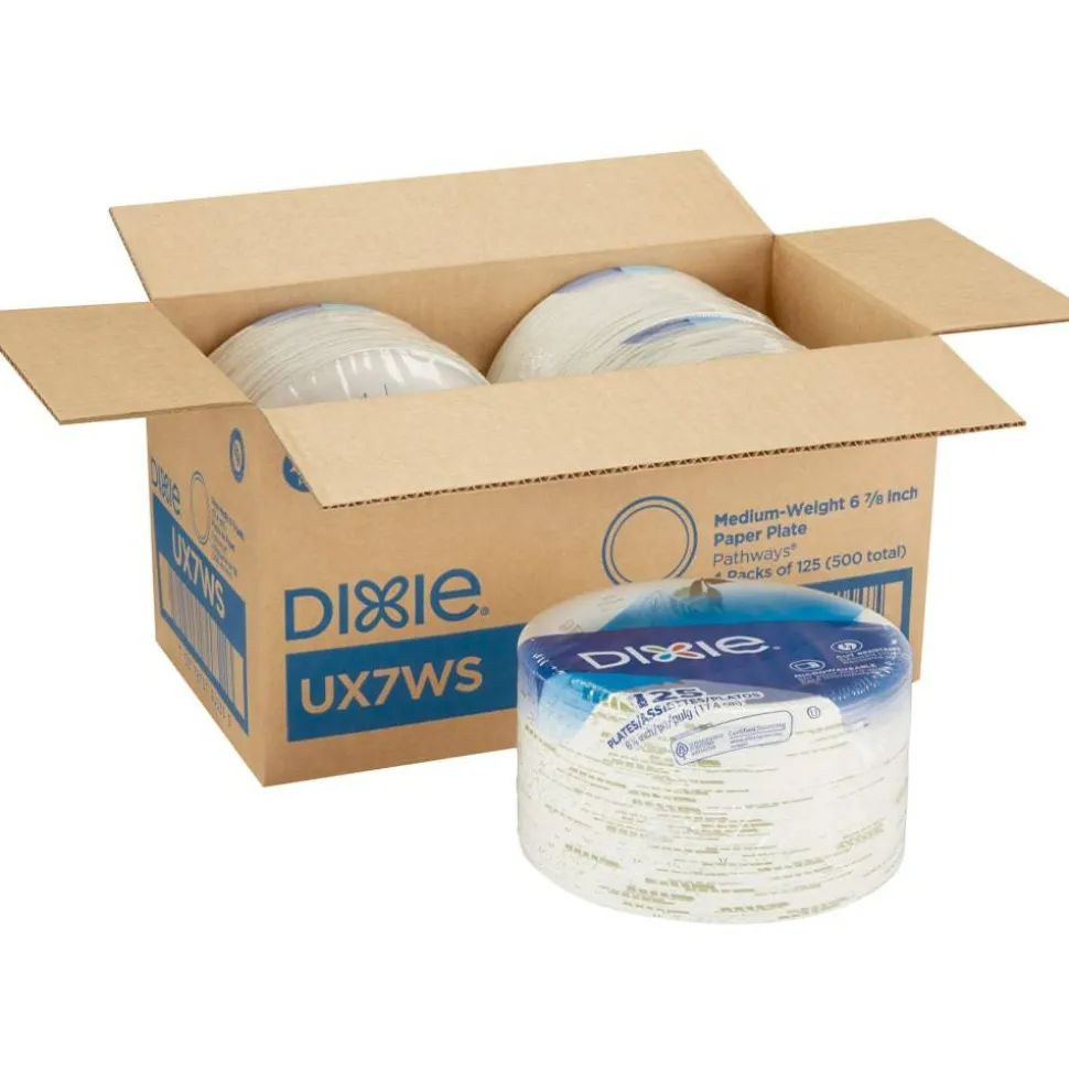 Dixie 6 7/8" Medium-Weight Paper Plates, Pathways, 500 Count (125 Plates Per Pack, 4 Packs Per Case)