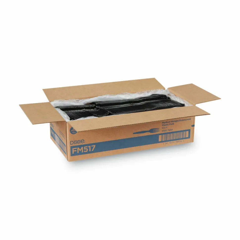 Dixie Medium-Weight Polystyrene Disposable Forks, 6.104"L, Black, 1000 Per Case
