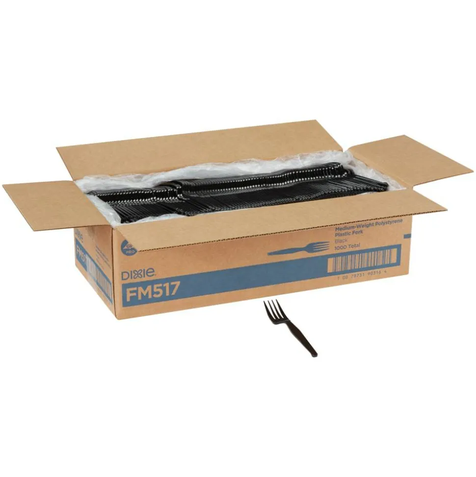 Dixie Medium-Weight Polystyrene Disposable Forks, 6.104"L, Black, 1000 Per Case