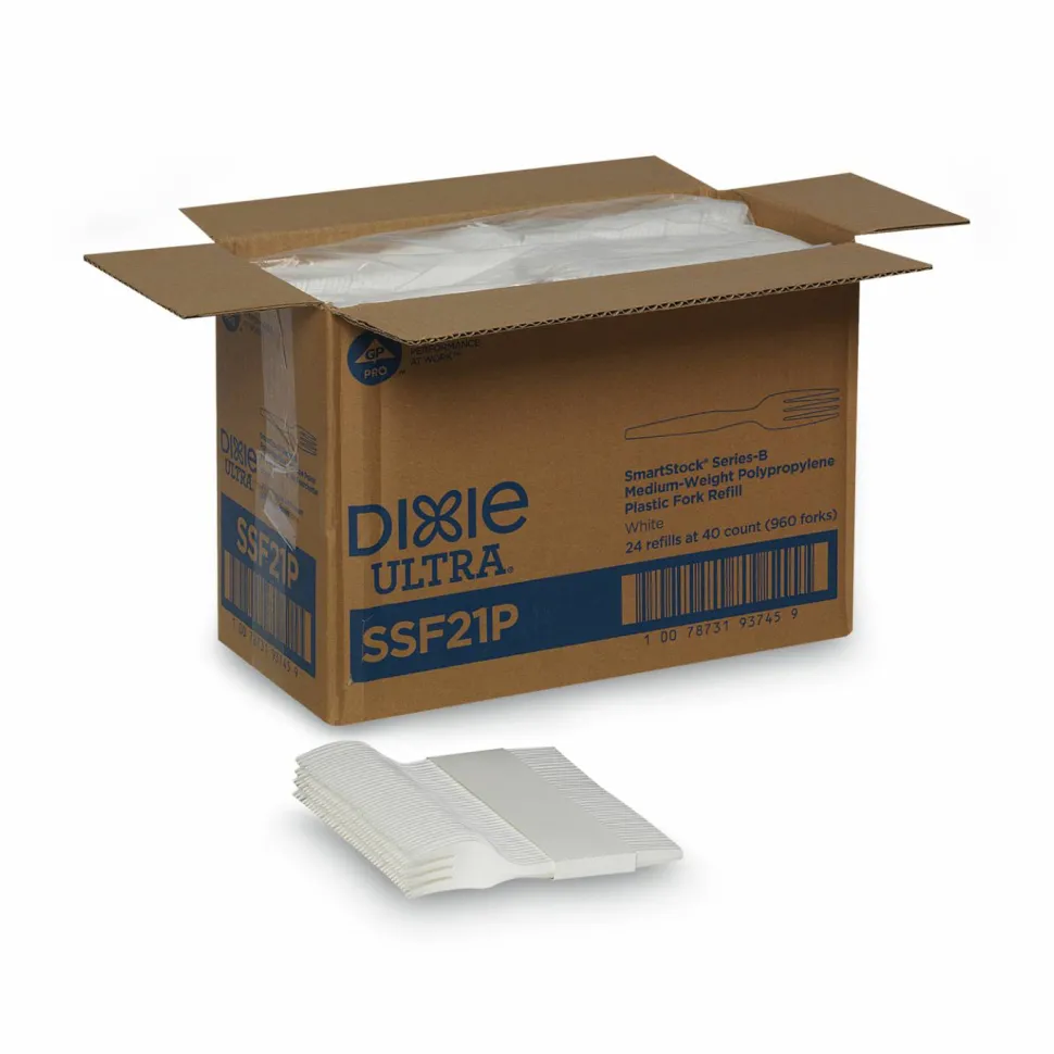 Dixie SmartStock Plastic Cutlery Refill, Series-B, Mediumweight Fork, White, 40/Pack, 24 Packs/Carton