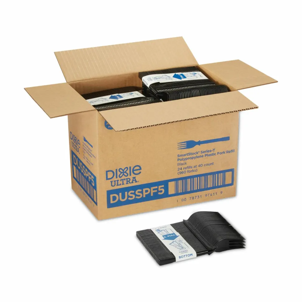 Dixie SmartStock Tri-Tower Dispensing System Polypropylene Cutlery, Mediumweight Fork, Plastic, Black, 40/Pack, 24 Packs/Carton