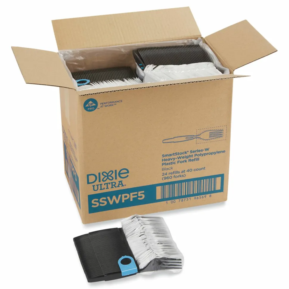 Dixie SmartStock Wrapped Heavyweight Cutlery Refill, Fork, Plastic, Black, 960/Carton
