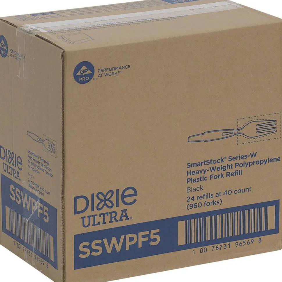 Dixie SmartStock Wrapped Heavyweight Cutlery Refill, Fork, Plastic, Black, 960/Carton