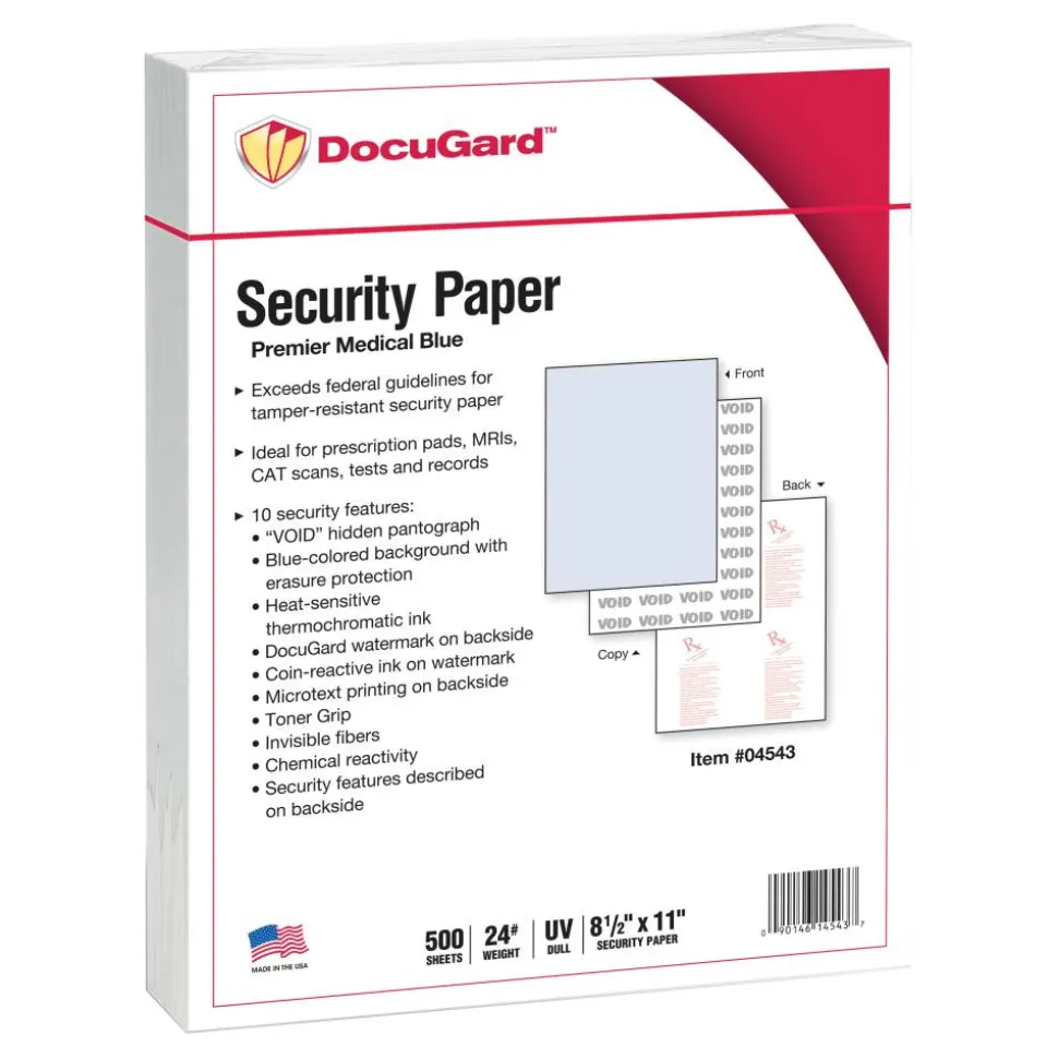 DocuGard Premier Medical 10 Medical Prescription Papers And Business Checks, Letter Size (8 1/2" x 11"), Ream Of 500 Sheets, 1-Part, Blue