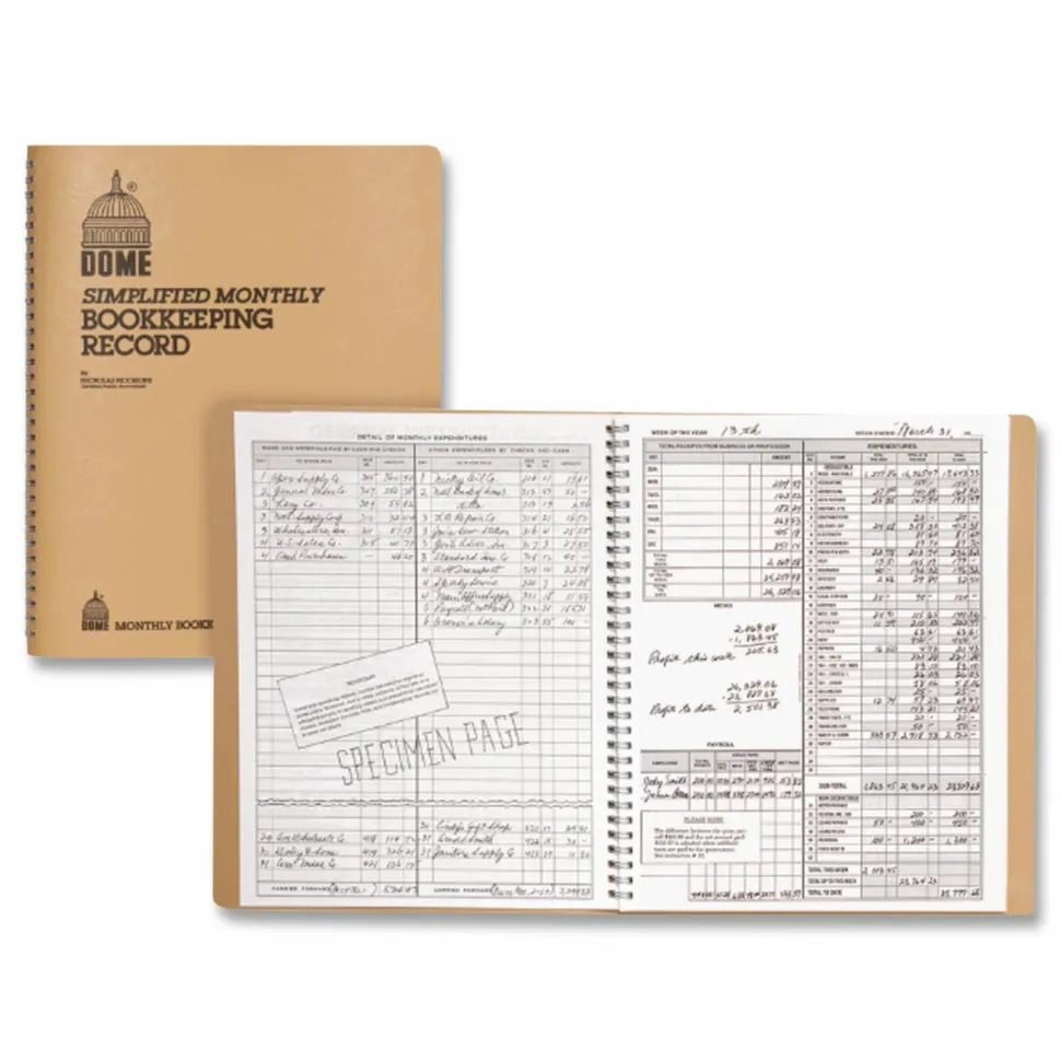 Dome Simplified Monthly Bookkeeping Record, 4 Column Format, Tan Cover, 11 x 8.5 Sheets, 128 Sheets/Book