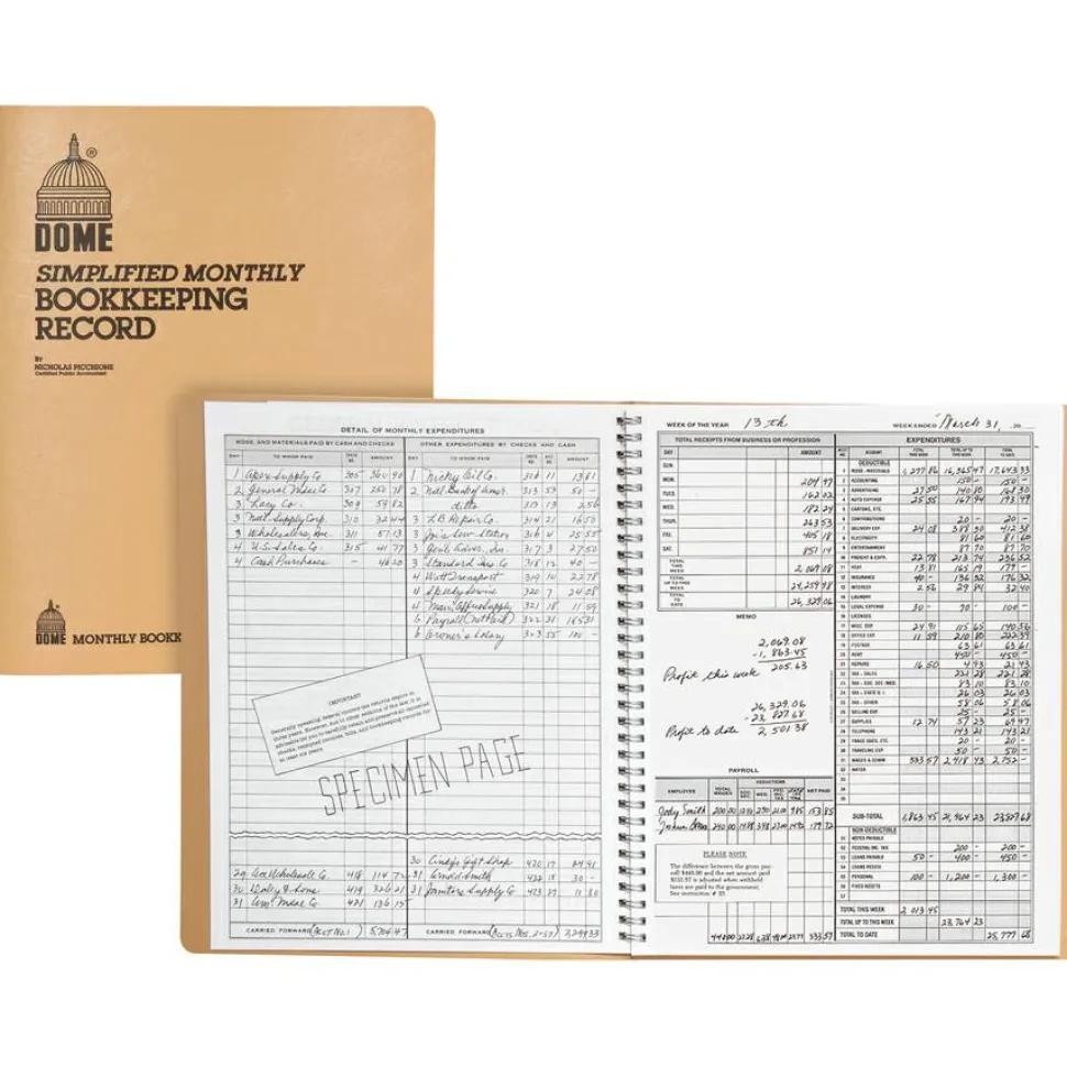 Dome Simplified Monthly Bookkeeping Record, 4 Column Format, Tan Cover, 11 x 8.5 Sheets, 128 Sheets/Book