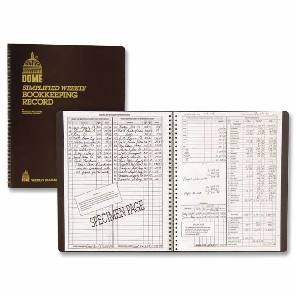 Dome Simplified Weekly Bookkeeping Record, 4 Column Format, Brown Cover, 11 x 8.5 Sheets, 128 Sheets/Book