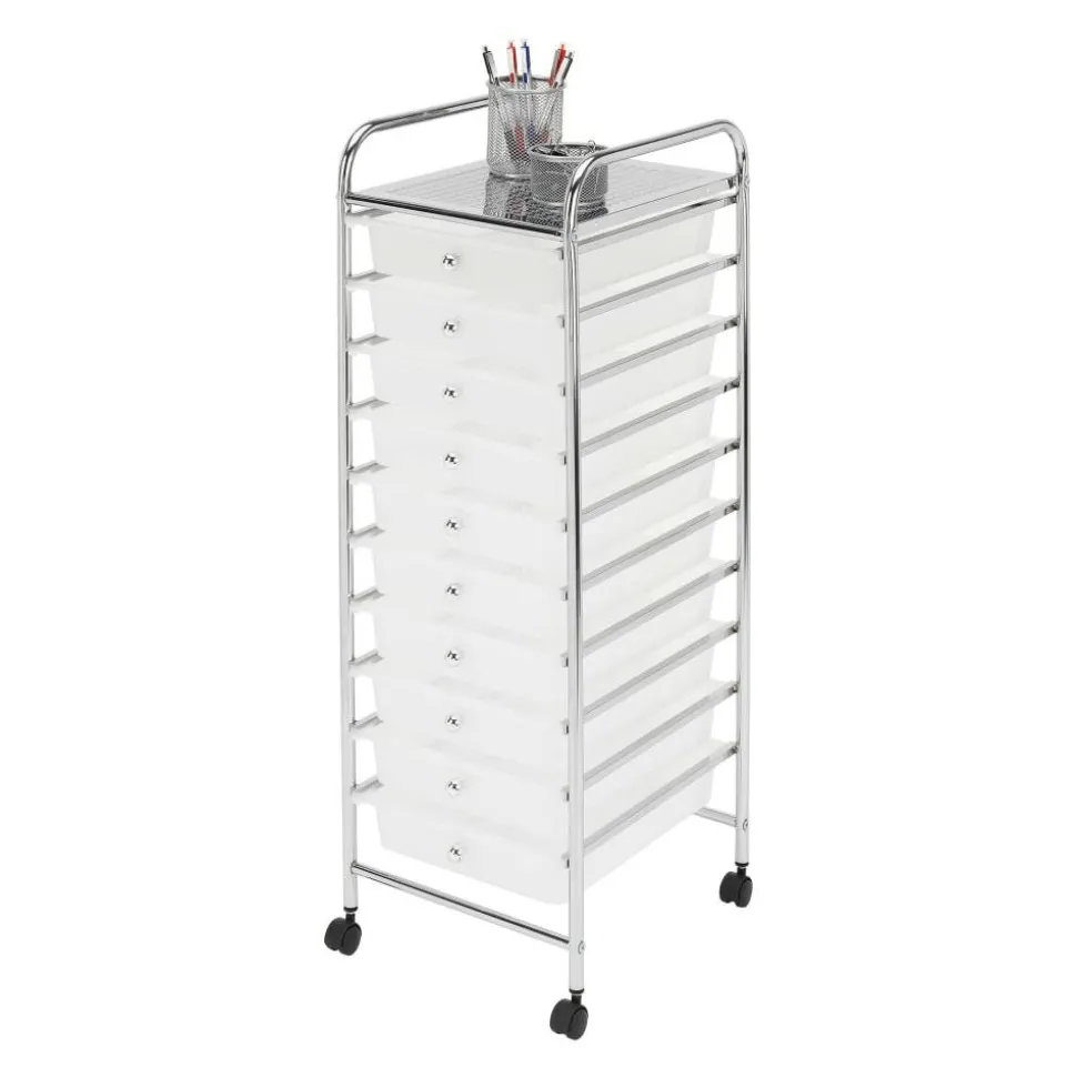 10-Drawer Mobile Cart, 35-13/16”H x 12-5/8”W x 14-3/8”D, White/Chrome