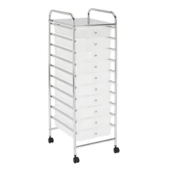 10-Drawer Mobile Cart, 35-13/16”H x 12-5/8”W x 14-3/8”D, White/Chrome