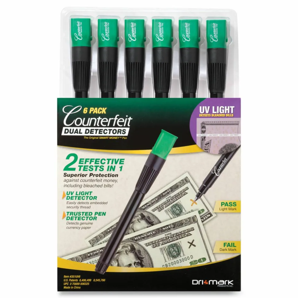 Dri-Mark Counterfeit Money Detection System for USD and Most International Currencies, 2 Detection Methods, 0.8 x 0.8 x 6, Black/Green