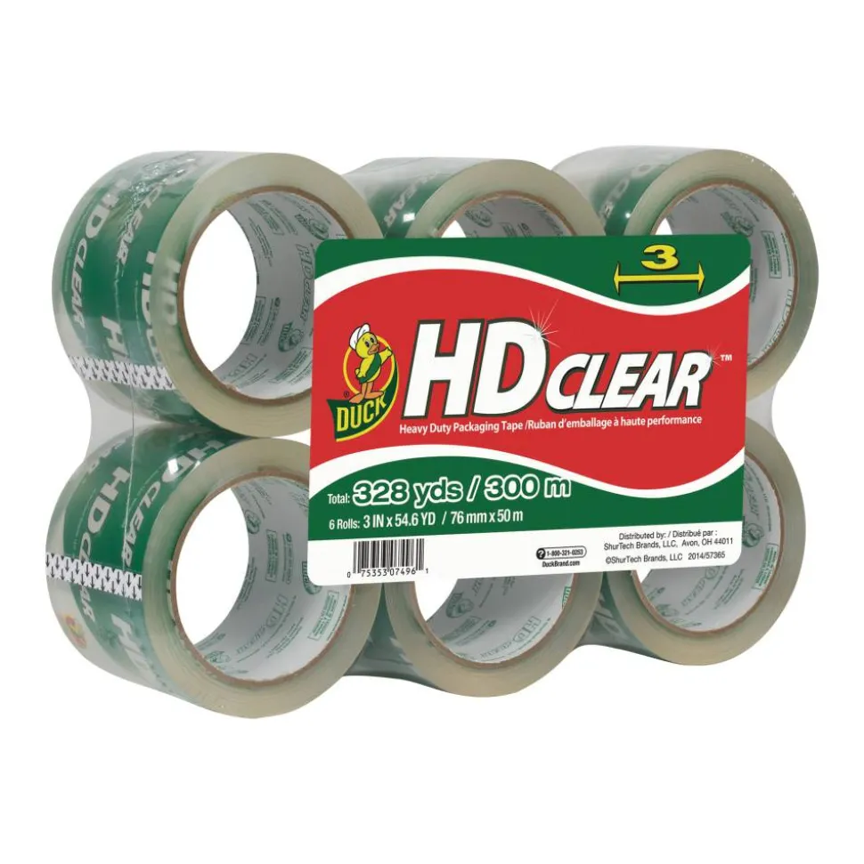 Duck HD Clear Extra-Wide Heavy Duty Packaging Tape, 3" x 55 Yd., Clear, Pack Of 6