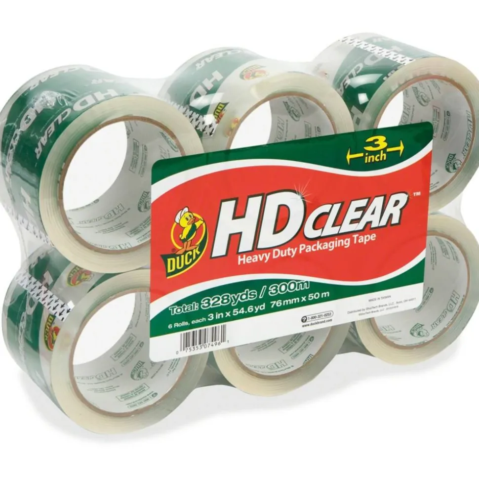 Duck HD Clear Extra-Wide Heavy Duty Packaging Tape, 3" x 55 Yd., Clear, Pack Of 6