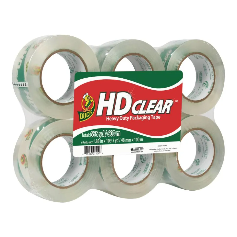 Duck HD Clear Heavy-Duty Packaging Tape, 1-7/8" x 109.4 Yd., Crystal Clear, Pack Of 6 Rolls