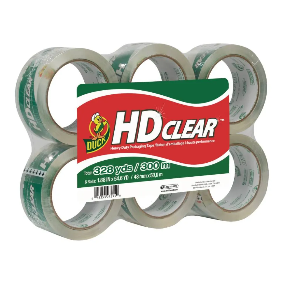 Duck HD Clear Heavy-Duty Packaging Tape, 3" Core, 1.88" x 54.6 yd., Clear, Pack Of 6