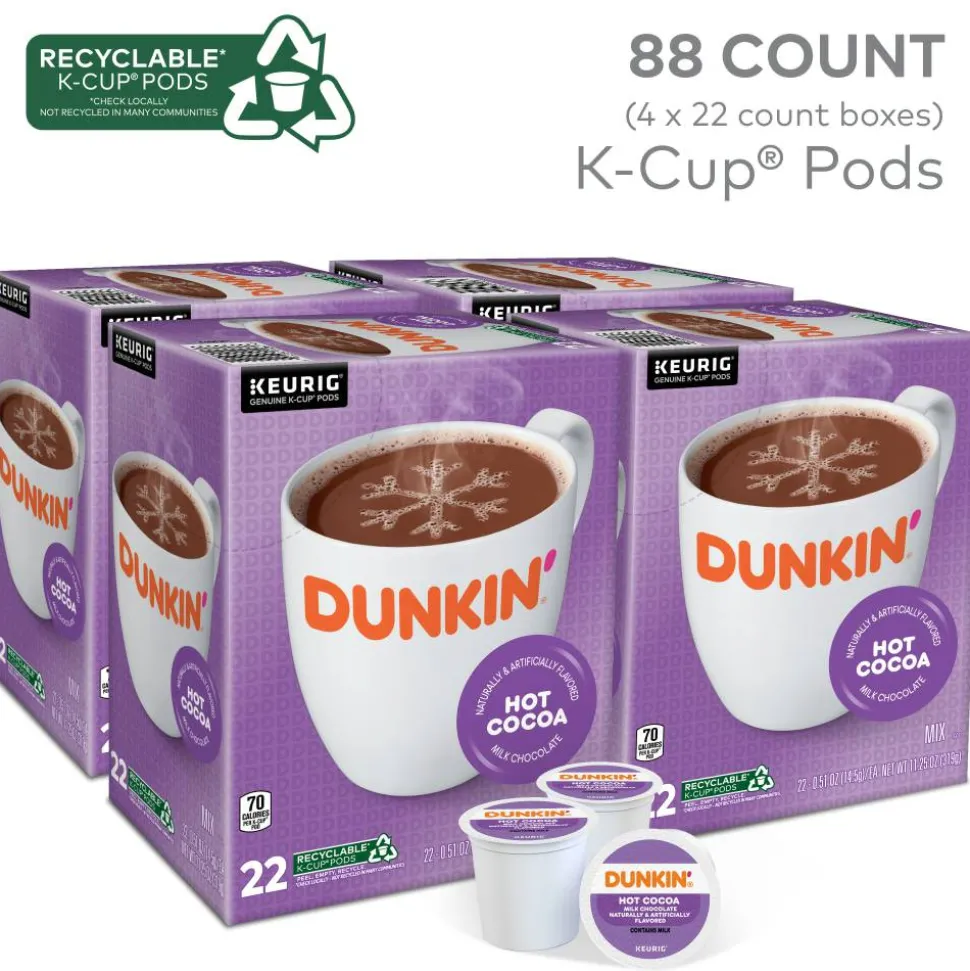 Dunkin' Donuts Milk Chocolate Hot Cocoa Keurig Single Serve K-Cup Pods, 22 Pods Per Pack, Case Of 4 Packs