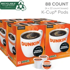 Dunkin' Donuts Single-Serve Coffee K-Cups, Dark Roast, Carton Of 4 Cups, Box of 22 Cartons