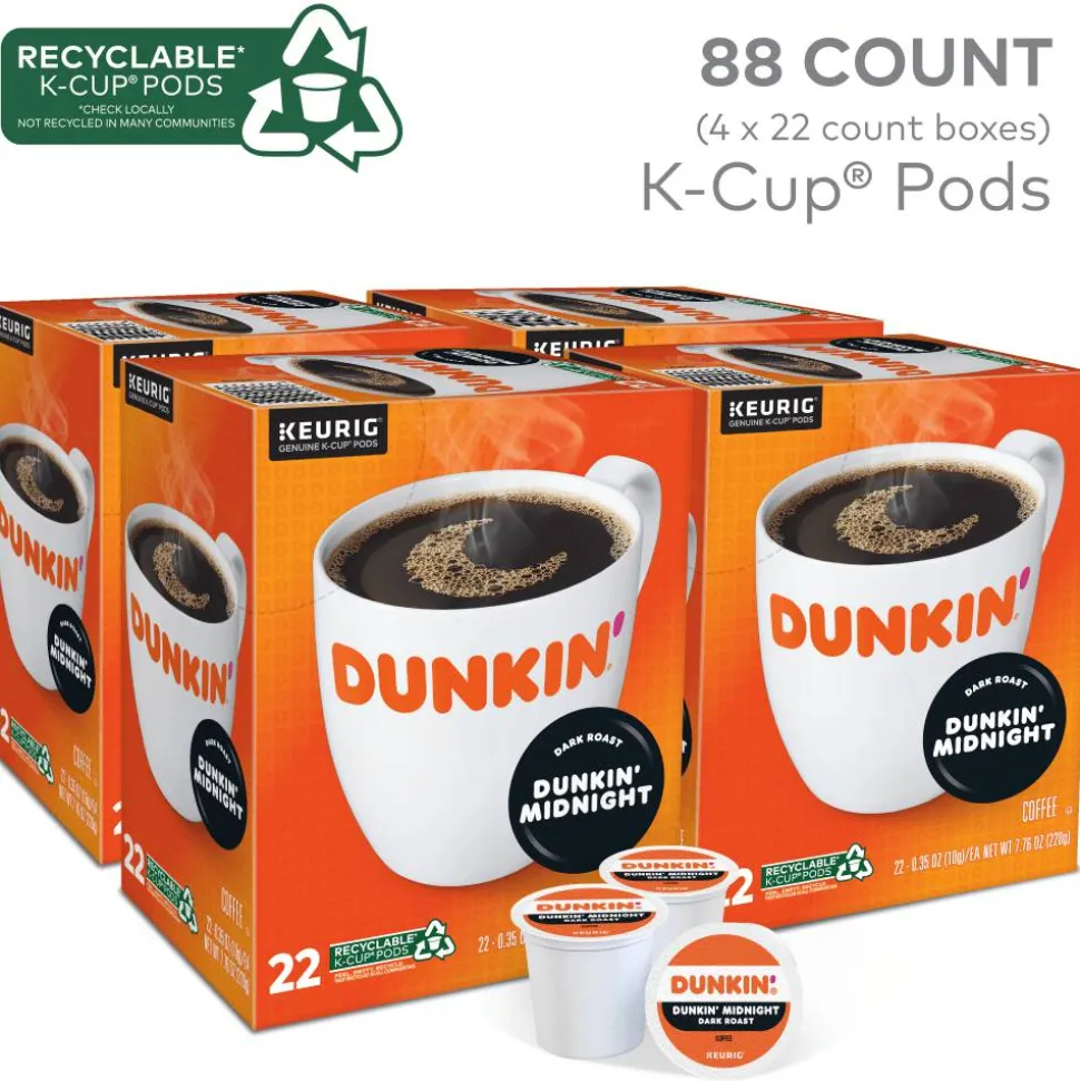 Dunkin' Donuts Single-Serve Coffee K-Cups, Dark Roast, Carton Of 4 Cups, Box of 22 Cartons