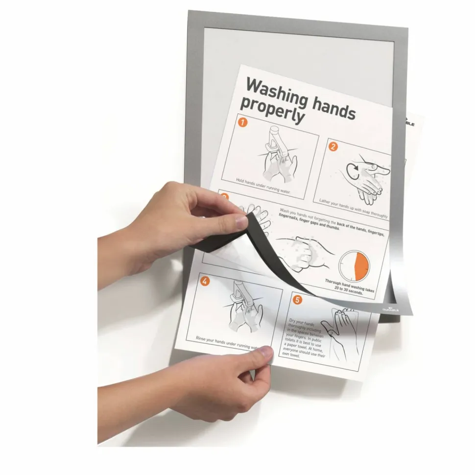 DURABLE DURAFRAME Self-Adhesive Magnetic Letter Sign Holder - Horizontal or Vertical, 9.5" x 12" Frame Size - Holds 8.5" x 11" Insert, 2 -Pack, Silver