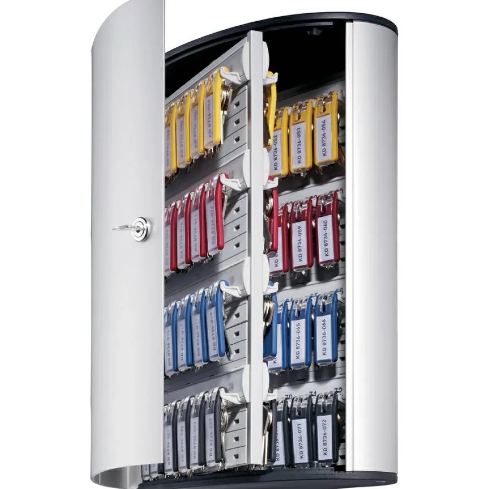 Durable 72-Key Locking Tag-Style Aluminum Key Tag Cabinet, 15 3/4" x 11 3/4" x 4 5/8", Silver
