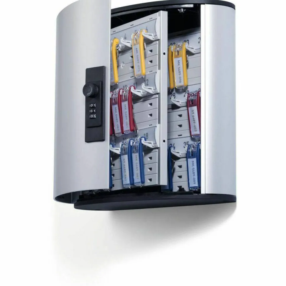 Durable 36-Key Locking Tag-Style Aluminum Key Cabinet, 11" x 11 3/4" x 4 5/8", Silver