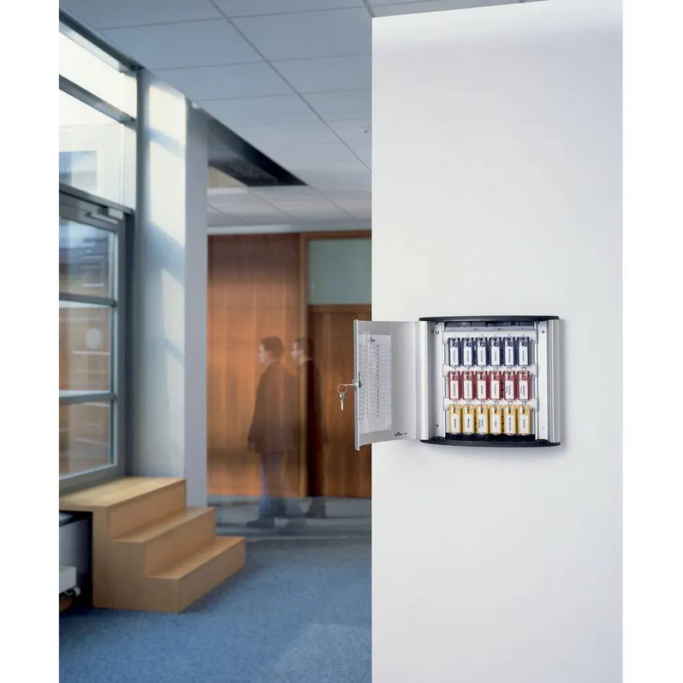Durable 54-Key Locking Tag-Style Aluminum Key Tag Cabinet, 11" x 11 3/4" x 4 5/8", Silver