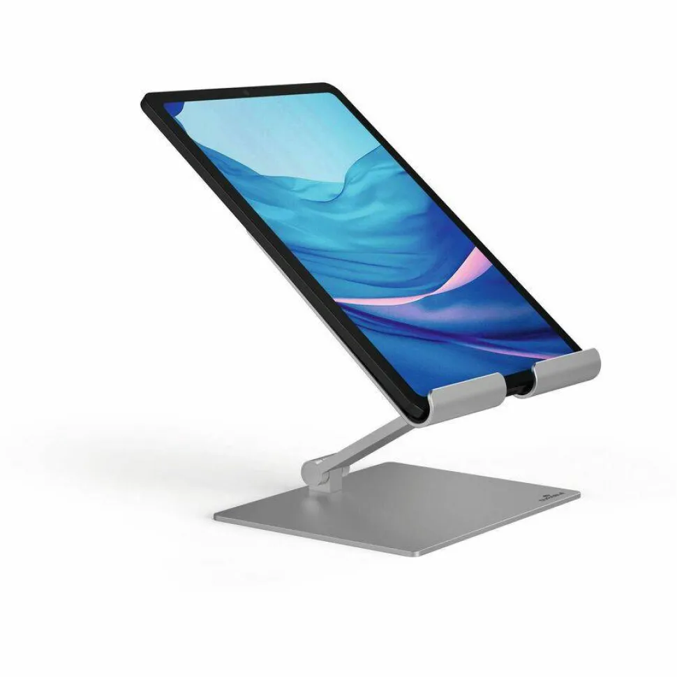 DURABLE Rise Tablet Stand, Up to 13" Screen Support, 2.20 lb Load Capacity, 8.07"H x 6.69"W x 5.39"D, Tabletop, Aluminum, Silver