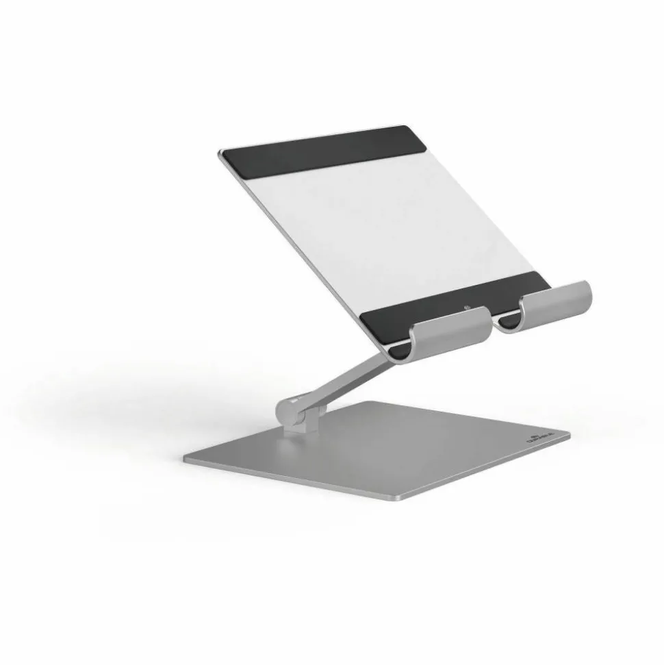 DURABLE Rise Tablet Stand, Up to 13" Screen Support, 2.20 lb Load Capacity, 8.07"H x 6.69"W x 5.39"D, Tabletop, Aluminum, Silver