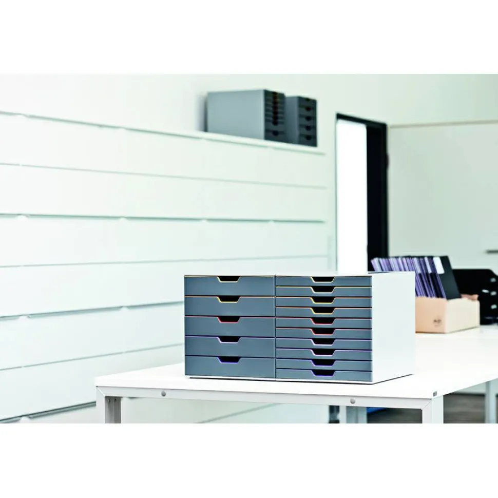 Durable VARICOLOR Stackable Plastic Drawer Box, 10 Drawers, Letter to Folio Size Files, 11" x 14" x 11.5", Gray