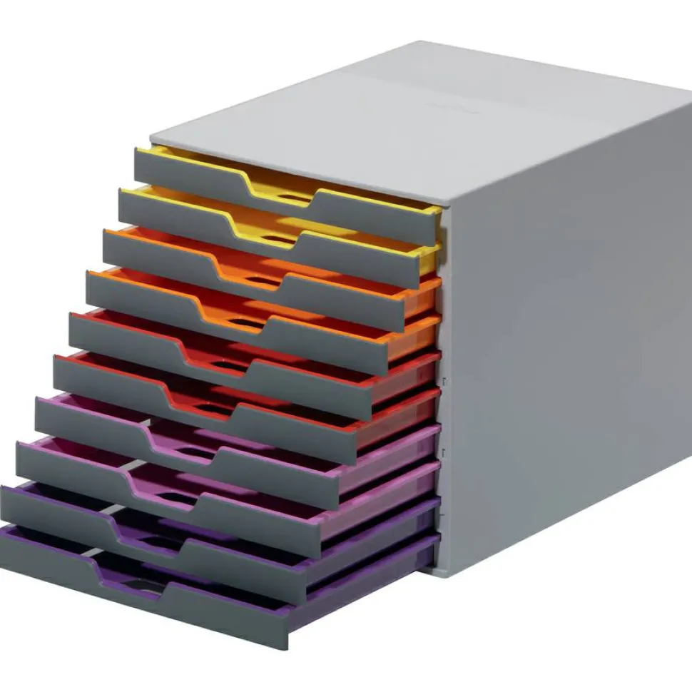 Durable VARICOLOR Stackable Plastic Drawer Box, 10 Drawers, Letter to Folio Size Files, 11" x 14" x 11.5", Gray