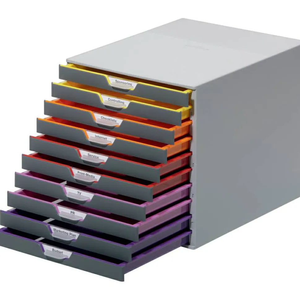 Durable VARICOLOR Stackable Plastic Drawer Box, 10 Drawers, Letter to Folio Size Files, 11" x 14" x 11.5", Gray
