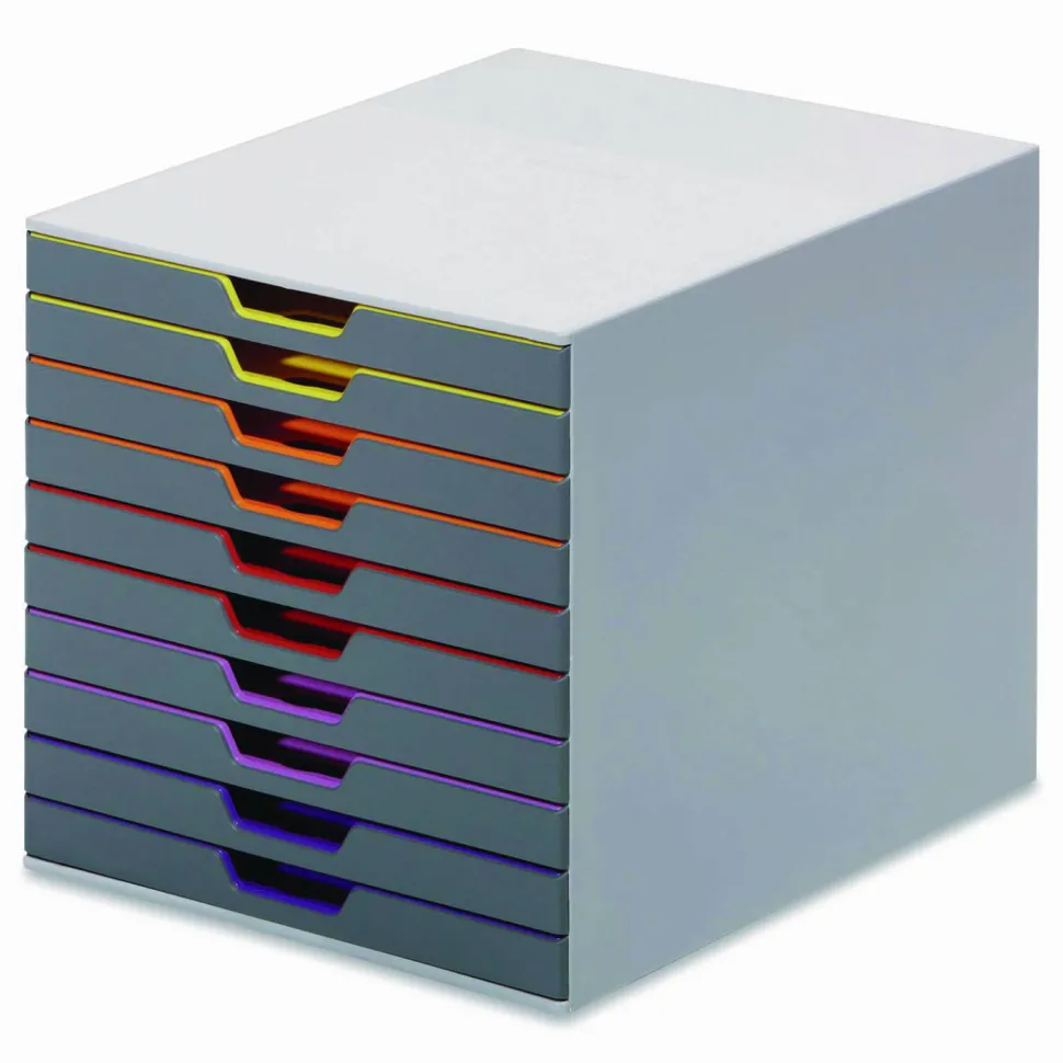 Durable VARICOLOR Stackable Plastic Drawer Box, 10 Drawers, Letter to Folio Size Files, 11" x 14" x 11.5", Gray