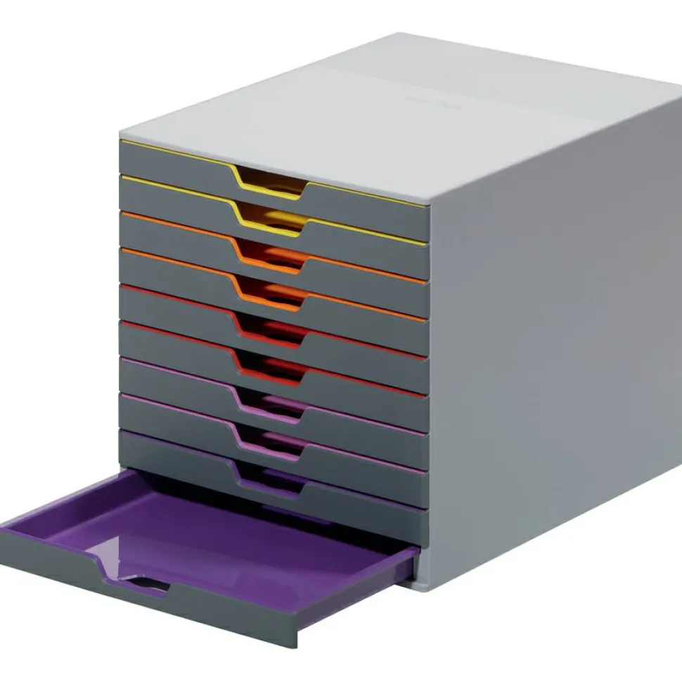 Durable VARICOLOR Stackable Plastic Drawer Box, 10 Drawers, Letter to Folio Size Files, 11" x 14" x 11.5", Gray