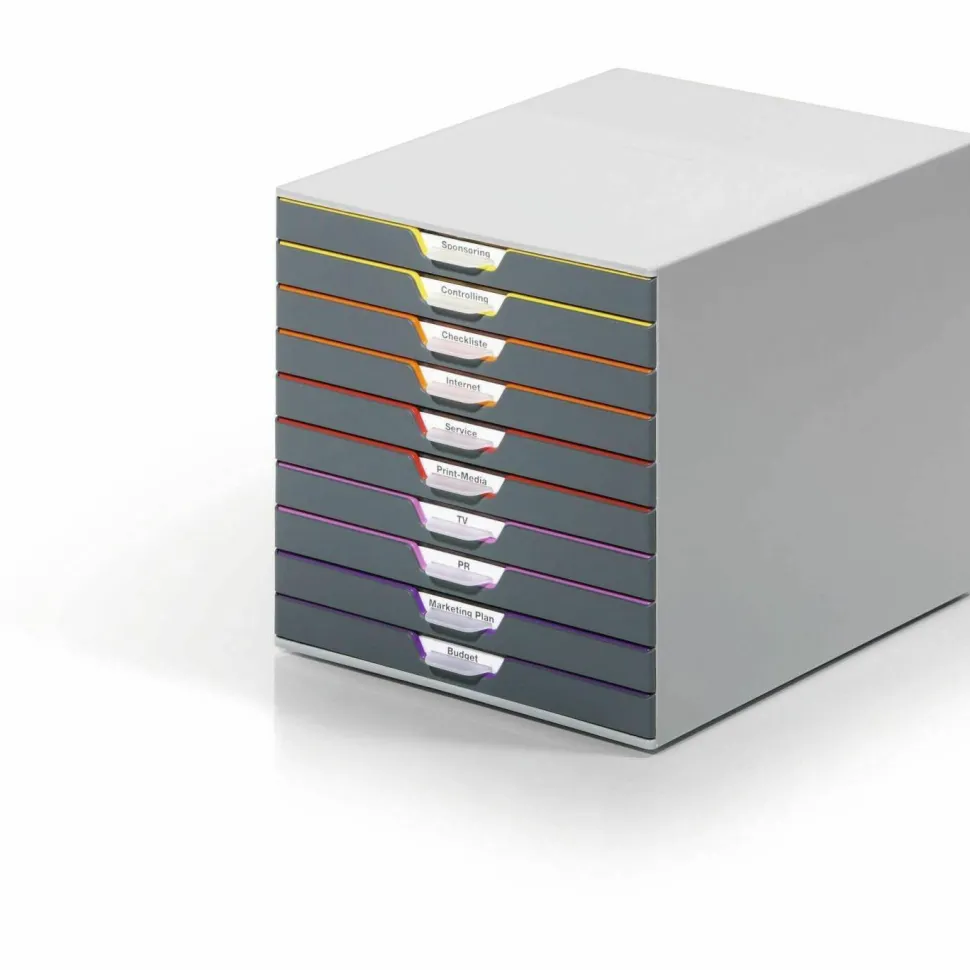 Durable VARICOLOR Stackable Plastic Drawer Box, 10 Drawers, Letter to Folio Size Files, 11" x 14" x 11.5", Gray