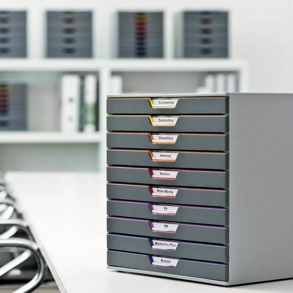 Durable VARICOLOR Stackable Plastic Drawer Box, 10 Drawers, Letter to Folio Size Files, 11" x 14" x 11.5", Gray