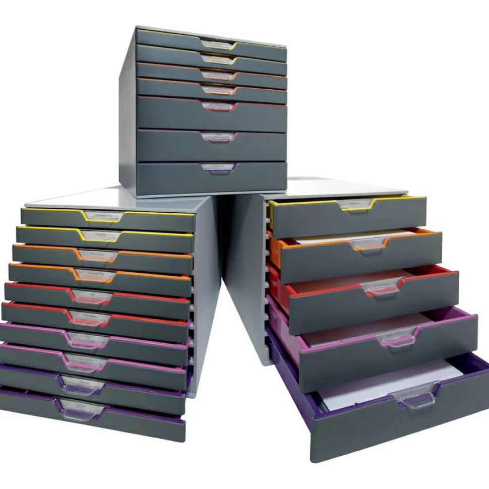 Durable VARICOLOR Stackable Plastic Drawer Box, 10 Drawers, Letter to Folio Size Files, 11" x 14" x 11.5", Gray