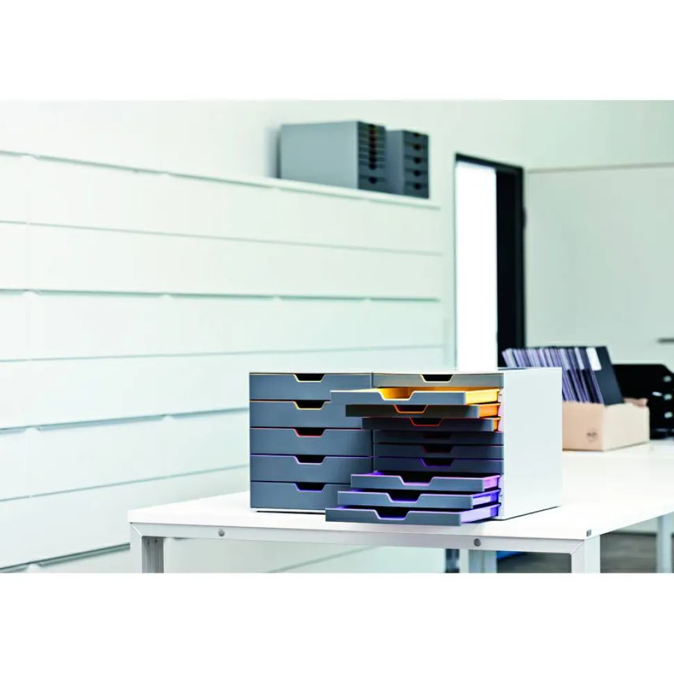 Durable VARICOLOR Stackable Plastic Drawer Box, 10 Drawers, Letter to Folio Size Files, 11" x 14" x 11.5", Gray